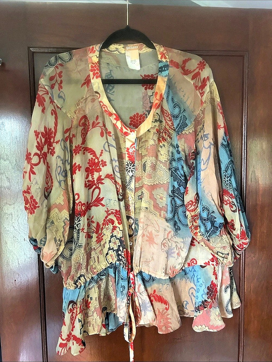 Galliano Tops - Galliano Printed Blouse in Beige & Blue Size 32
